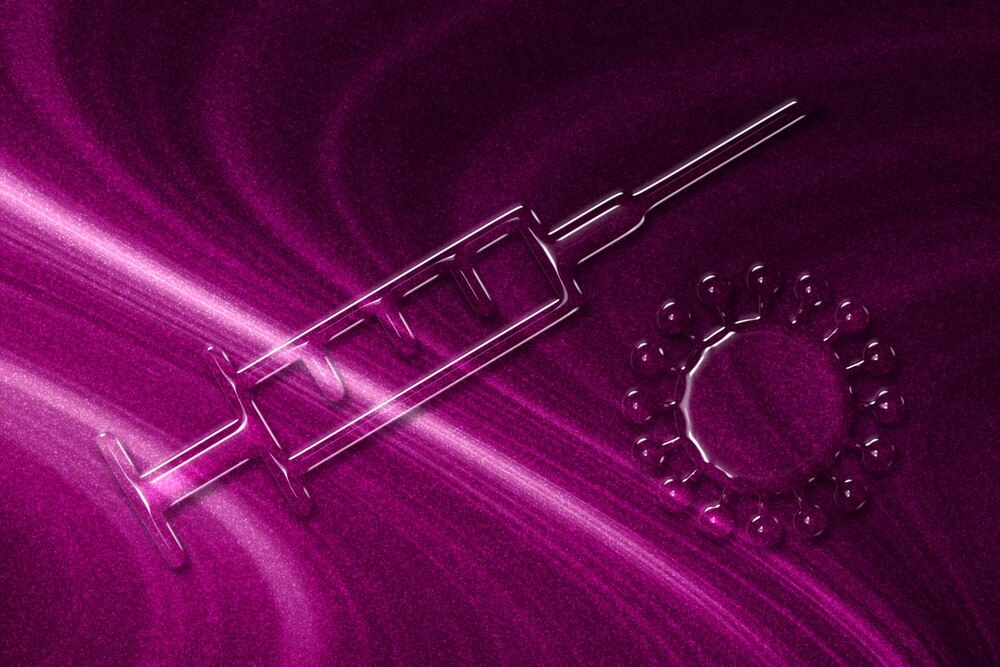 Stop Coronavirus concept, Medical Syringe symbol, Vaccination, magenta background