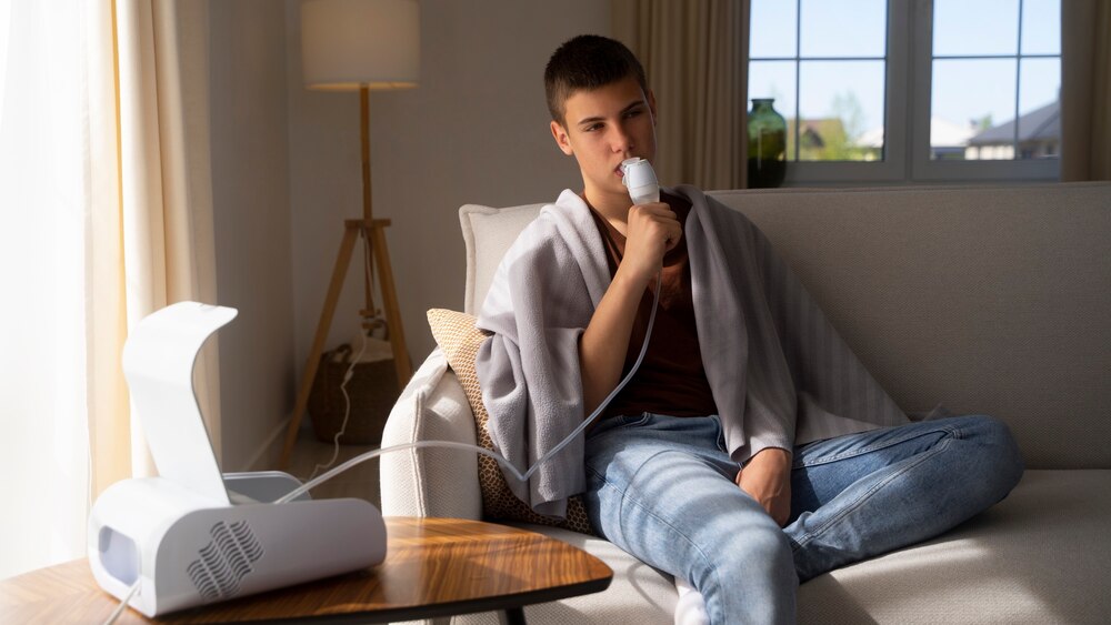 View of teenage boy using inhaler at home for respiratory health problems